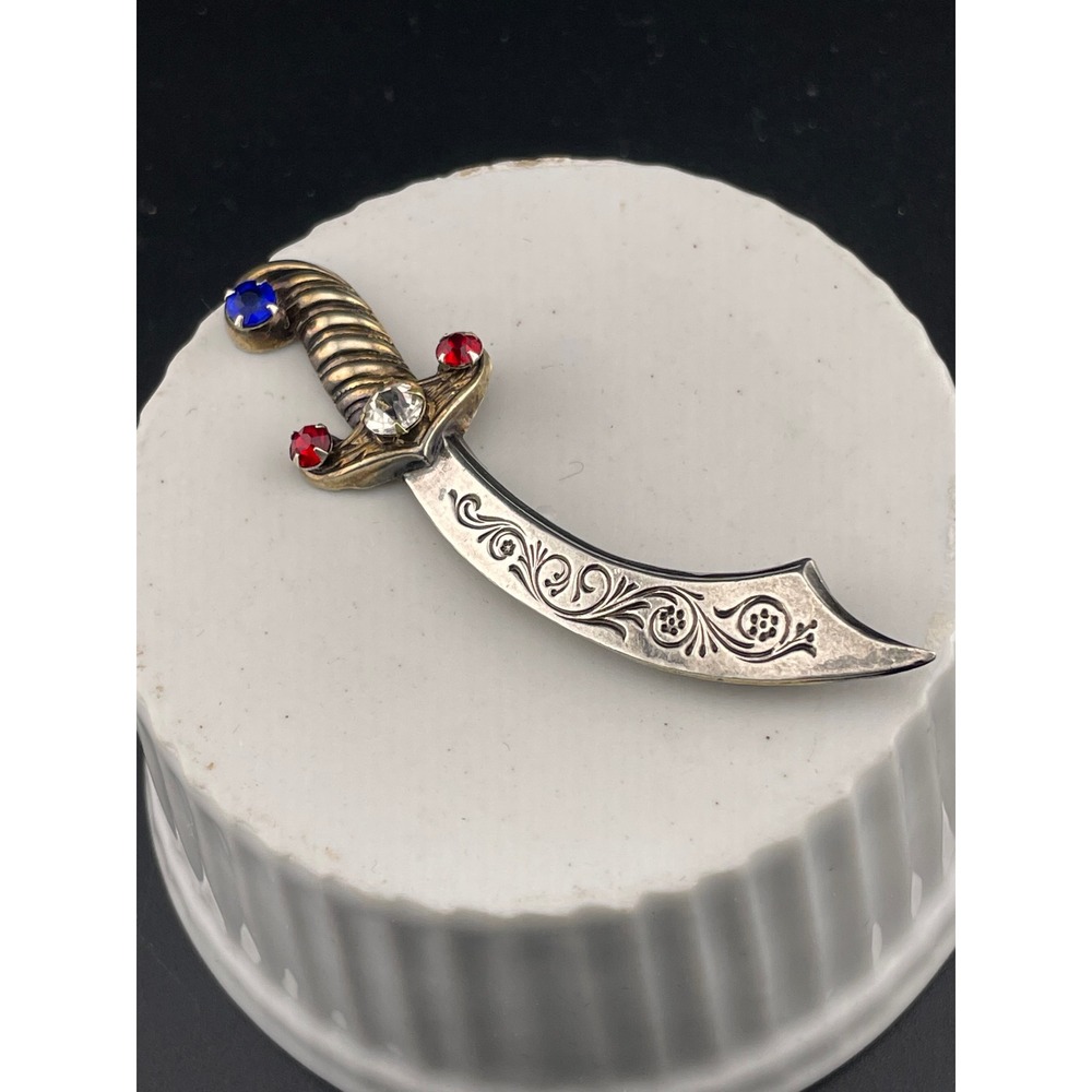 Vintage Sterling Silver Sword Brooch Curved Dagger Scimitar Rhinestone Hilt Pin - Picture 2 of 11